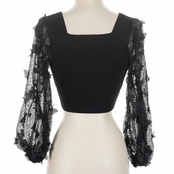 Free People Flutter By Crop Black Lace Top Sheer Sleeve Size Small - Picture 4 of 4